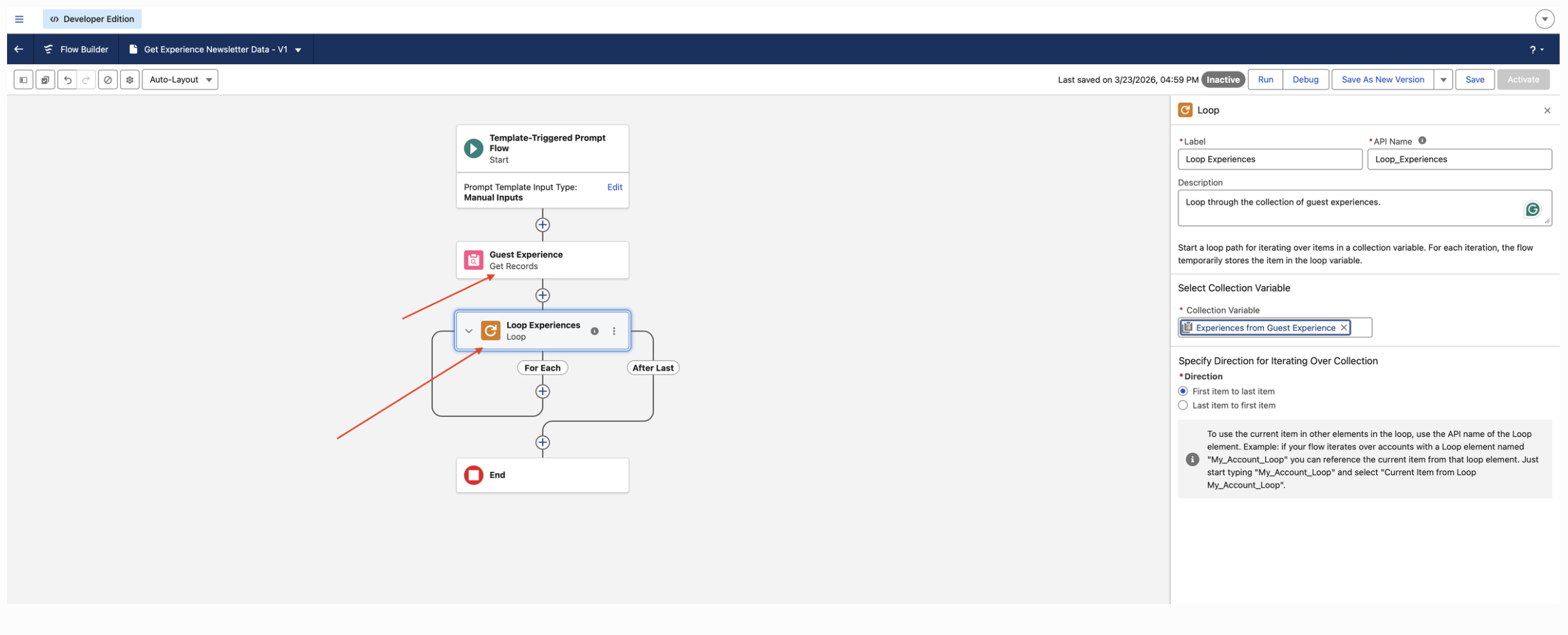 Template-triggered flow with a Get Records element feeding a Loop over guest experiences