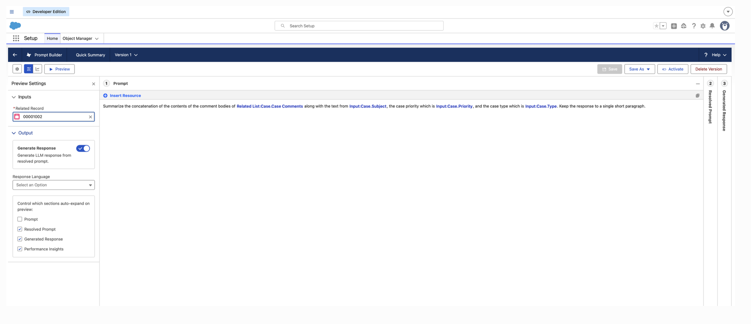 Prompt template using dynamic merge fields for case comments, subject, priority and type