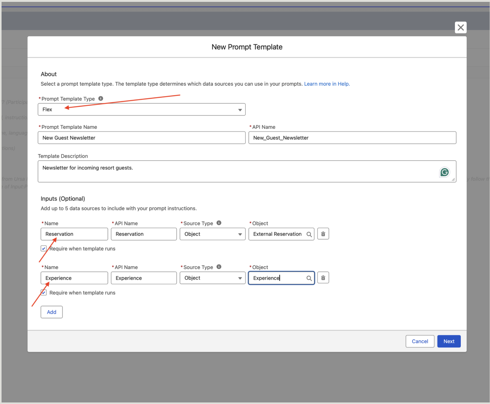 New Flex prompt template with two inputs: External Reservation and Experience